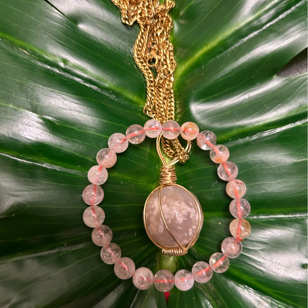 FLOWER AGATE wire wrap crystal sphere necklace & bracelet stainless steel set
